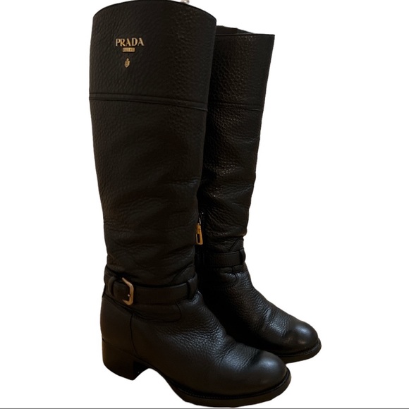 PRADA Black Textured Leather Gold Logo Boots  purchased in Italy Size 38 - Picture 1 of 10